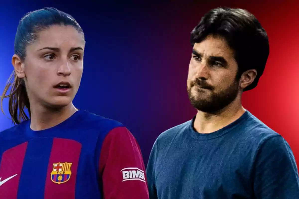 Two people on a gradient background from blue to red, one wearing an FC Barcelona jersey and the other a blue jersey.