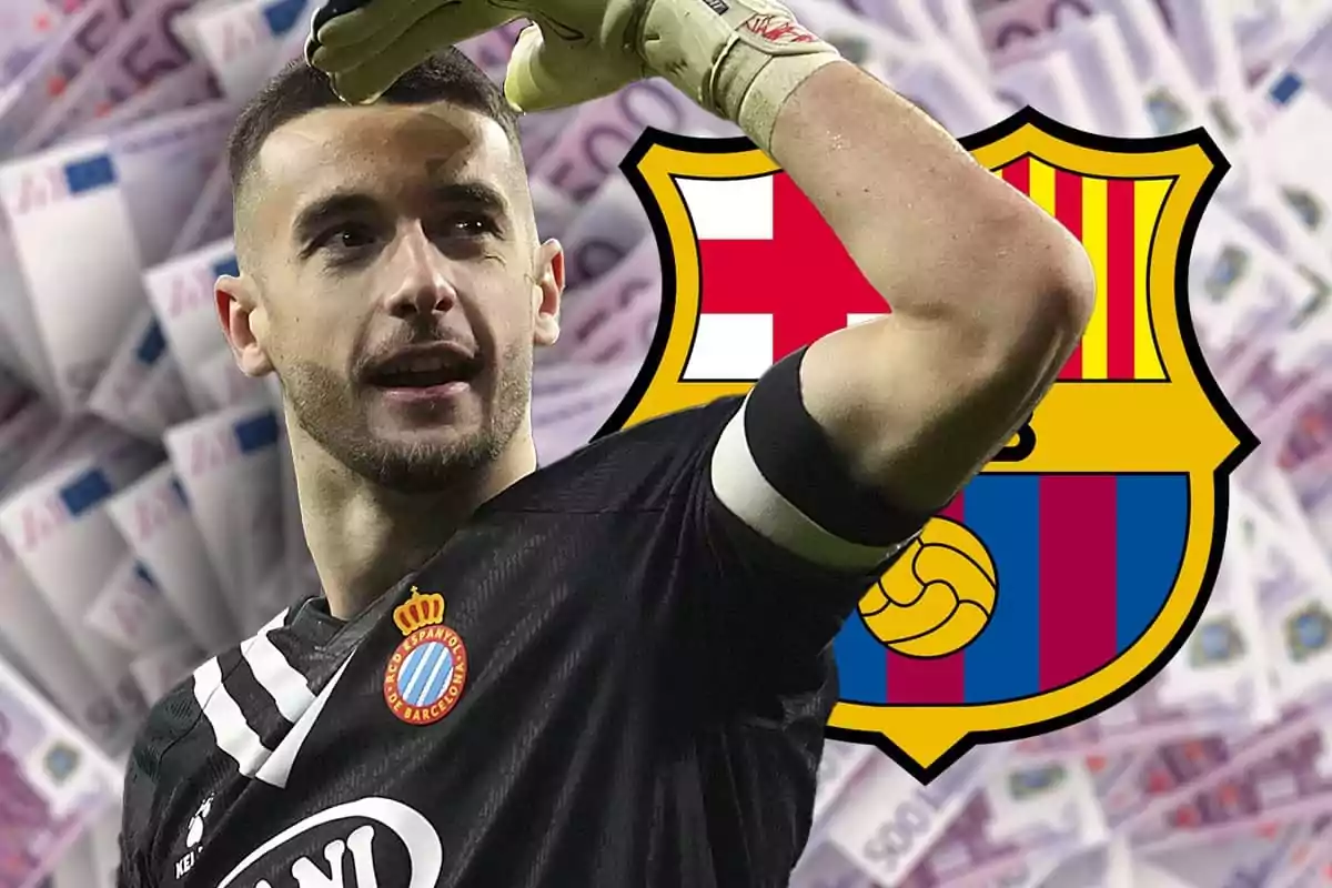 Portero del Espanyol con fondo de billetes y el escudo del Barcelona detrás
