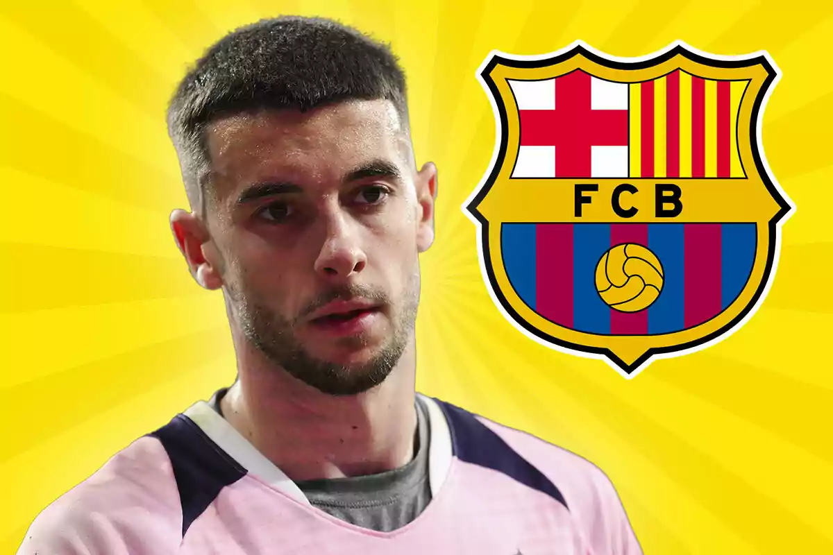 A player in a pink jersey appears next to the FC Barcelona crest on a yellow background.