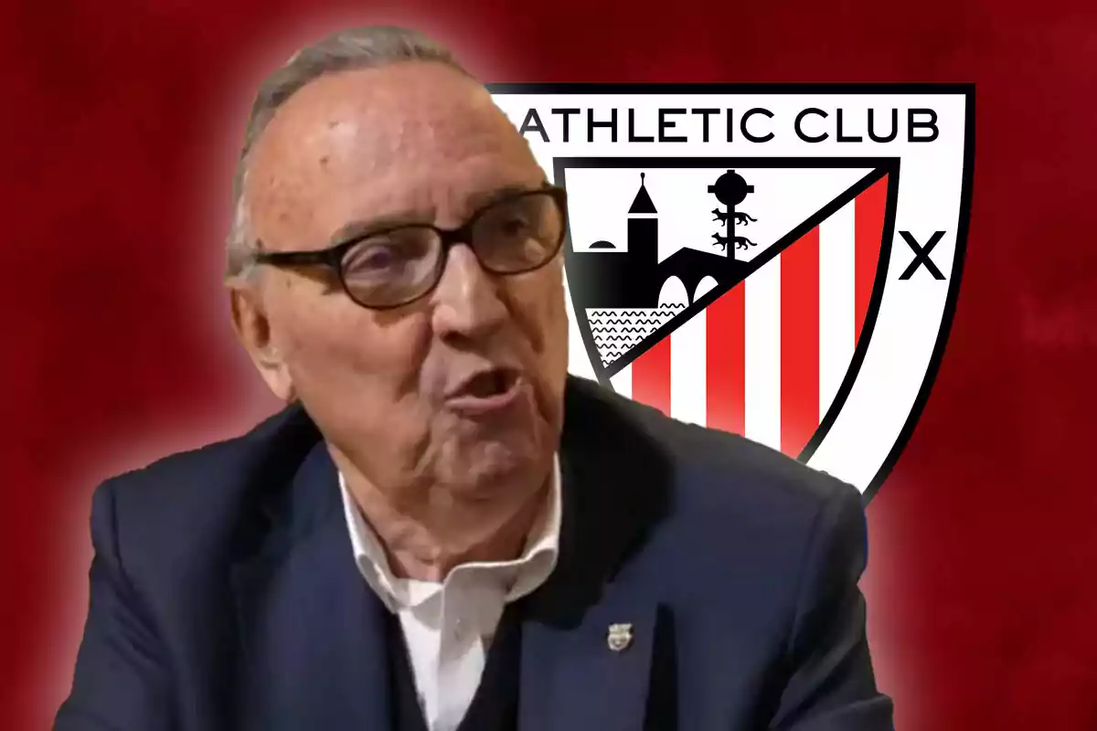 Joan Gaspart with glasses and a dark suit in front of the Athletic Club crest on a red background.