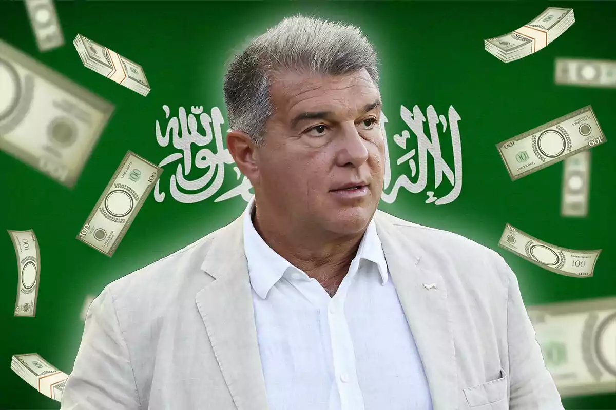 A man in a light jacket and white jersey is in front of a green background with Arabic writing, surrounded by floating bills.