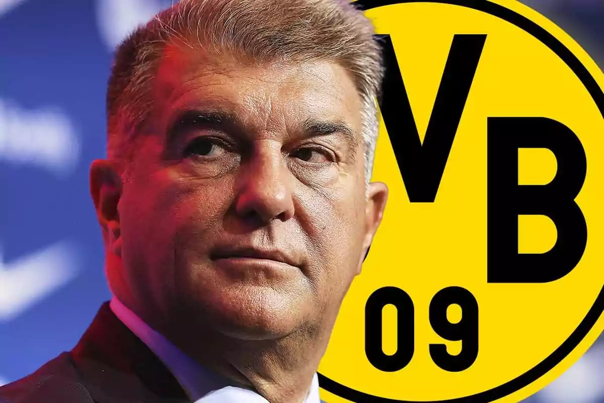 Joan Laporta with a blue background and a yellow logo with the letters BVB 09.