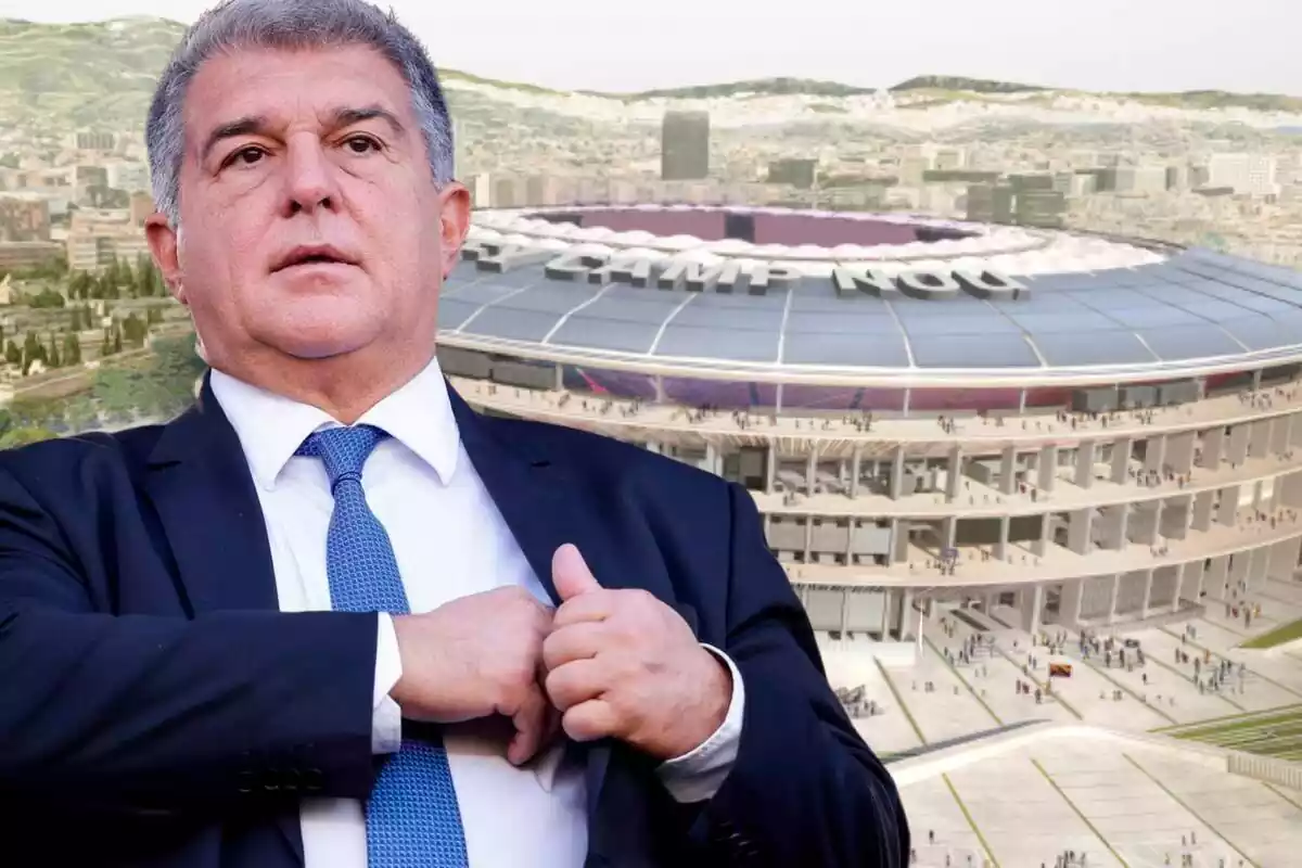 Joan Laporta in the foreground with the new Spotify Camp Nou in the background