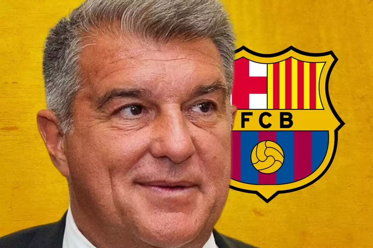 A man with gray hair with an FC Barcelona crest in the background on a yellow background. A man with gray hair with an FC Barcelona crest in the background on a yellow background.
