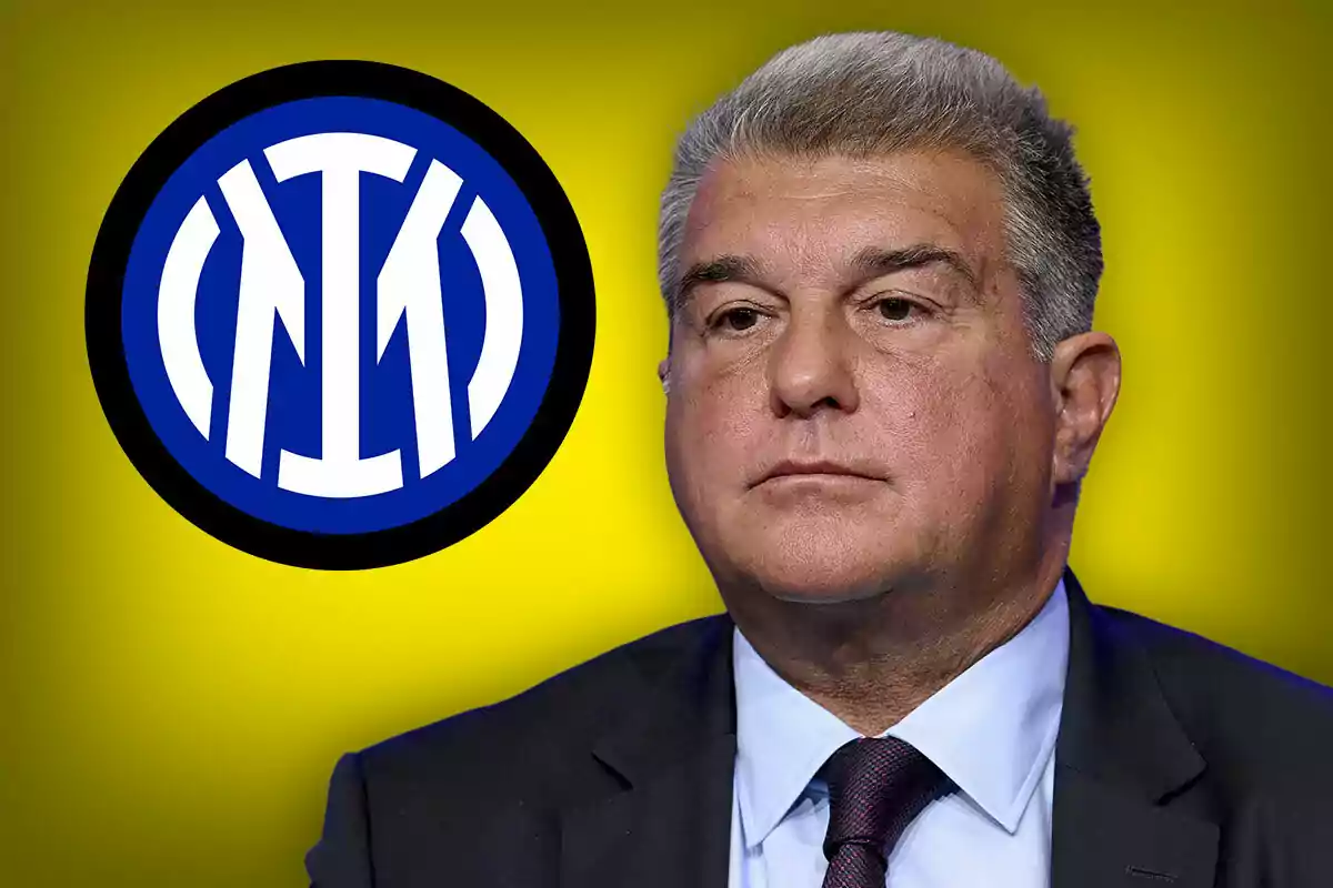 Un hombre de traje y corbata aparece junto al logo del Inter de Milán sobre un fondo amarillo.
