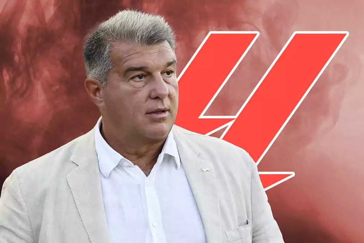 Joan Laporta in a light jacket and red background with LaLiga's logo.