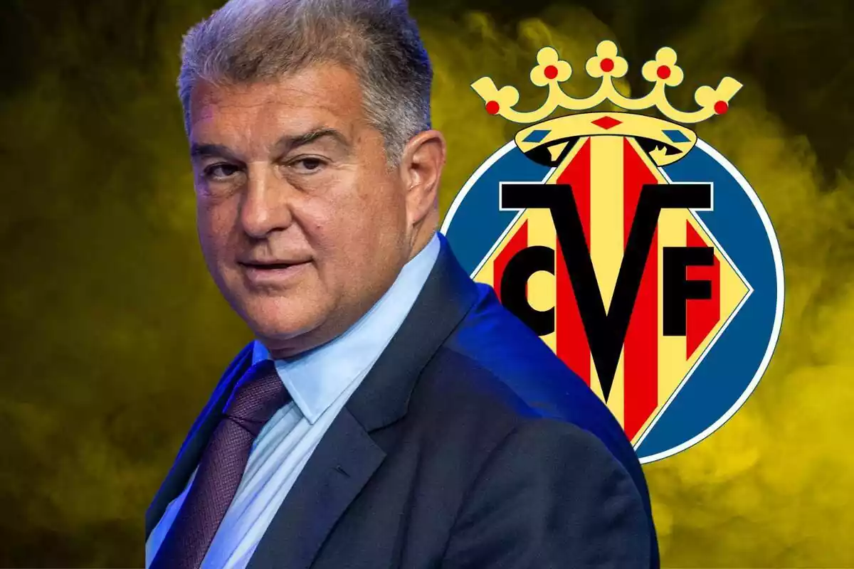 Montaje de Joan Laporta con escudo Villarreal de fondo