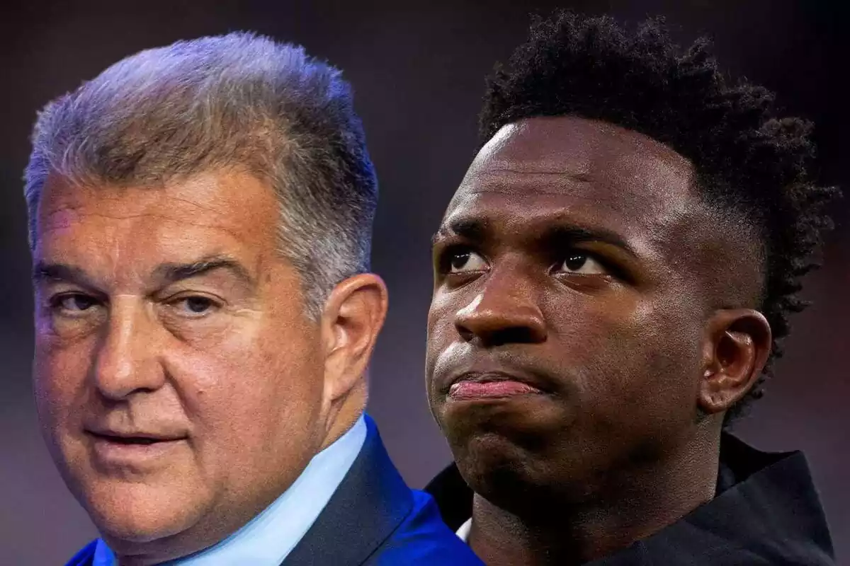 Montaje de Joan Laporta mirando desafiante a Vinícius Junior con cara seria