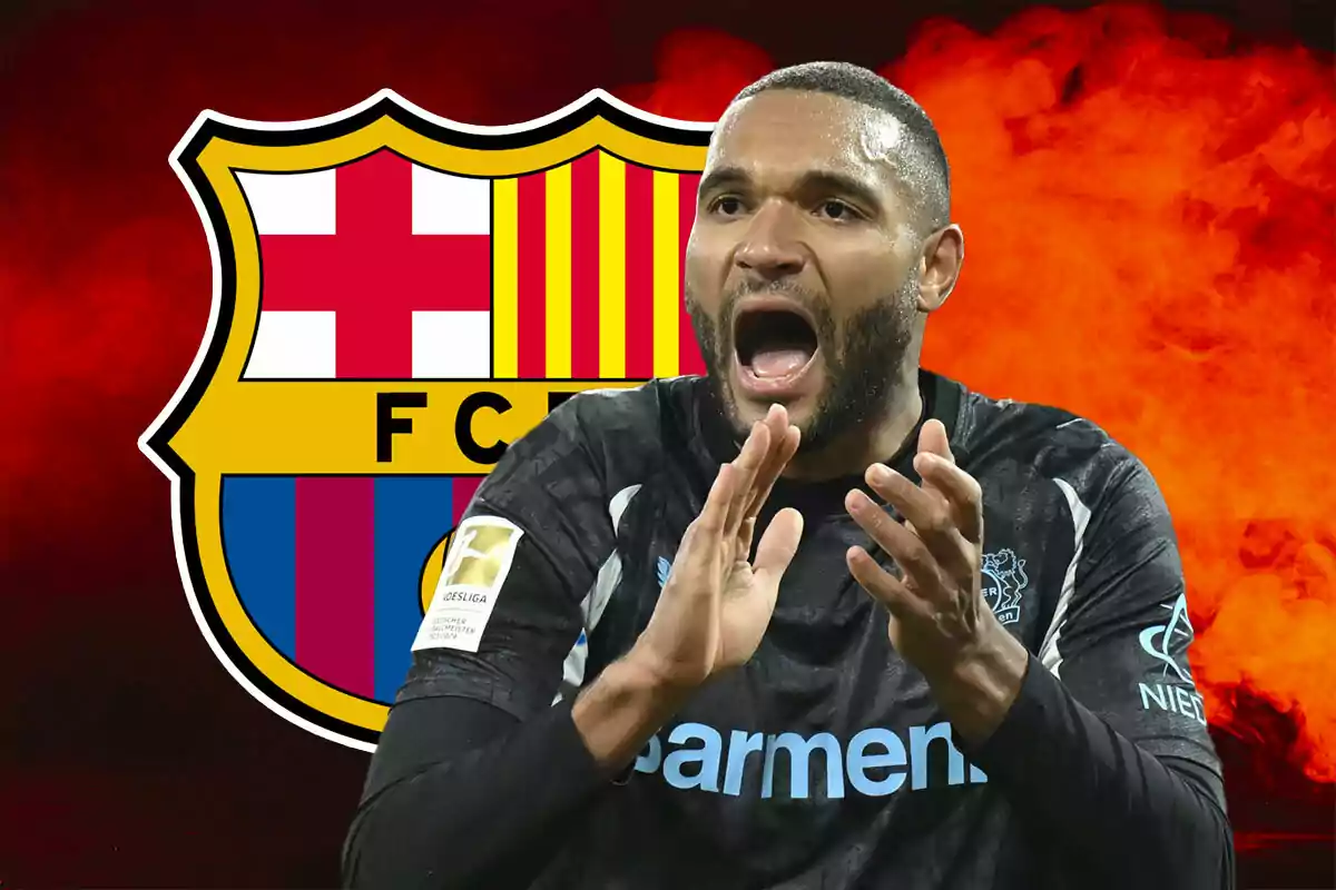 Jonathan Tah aplaudiendo con el escudo del FC Barcelona de fondo y un efecto de humo rojo.