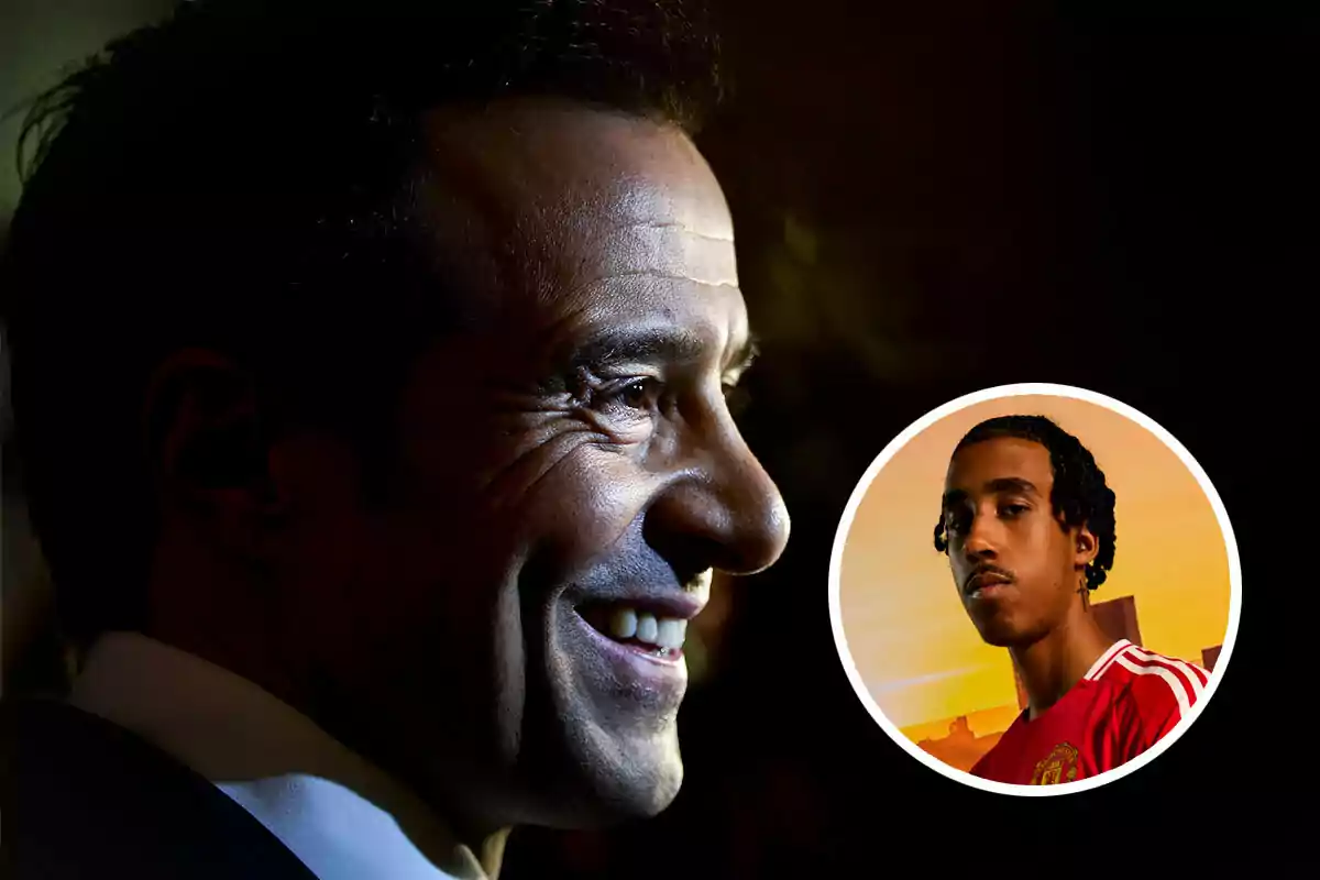 Jorge Mendes sonriendo en primer plano con una imagen circular de Leny Yoro en el fondo.