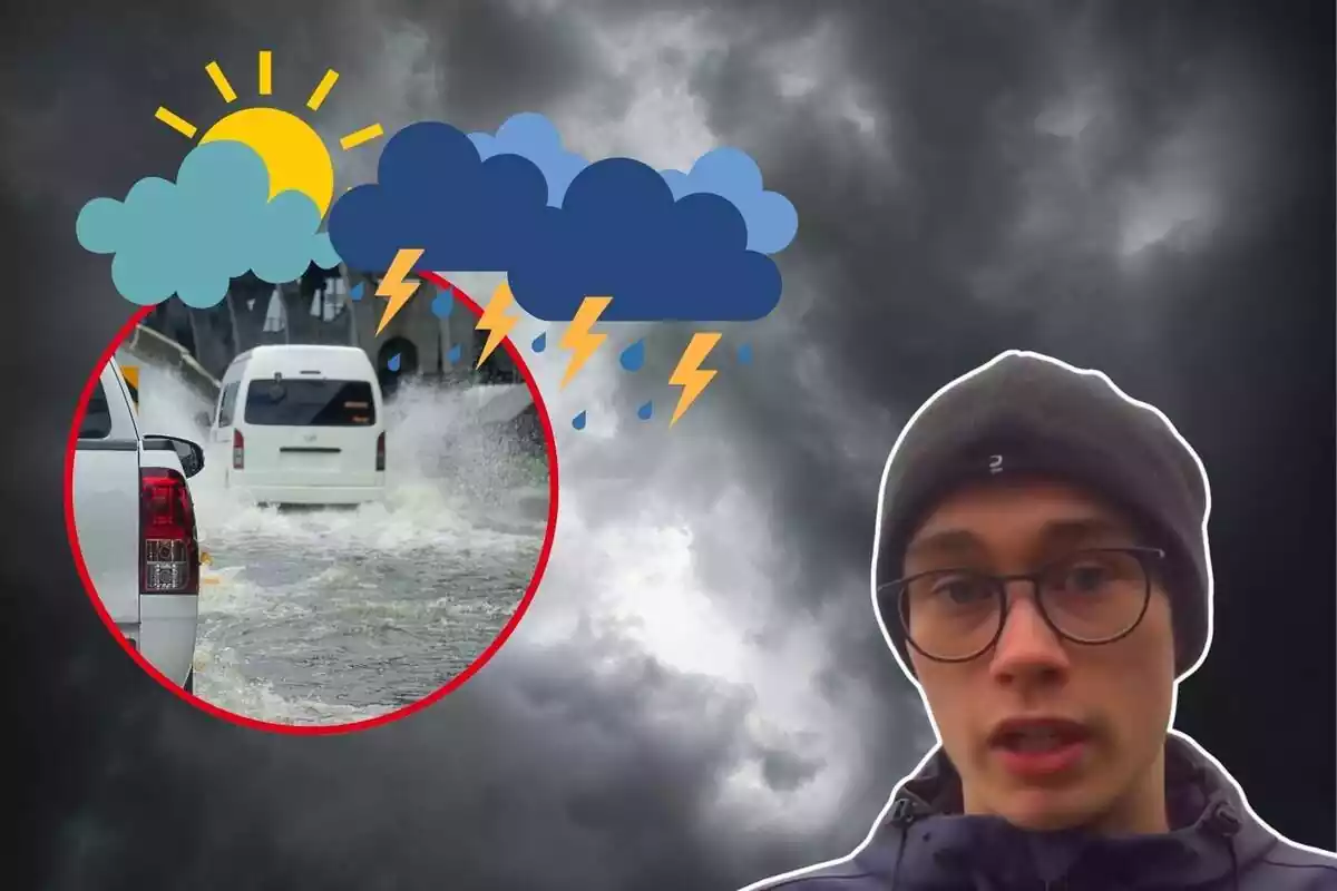 Imagen de fondo de unas nubes negras, junto a una imagen en primer plano de Jorge Rey con un gorro y varios emoticonos de nubes con sol y lluvias