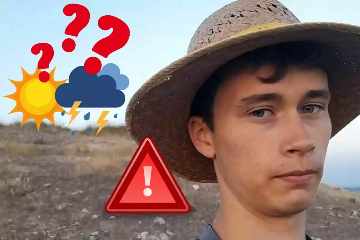 Un joven con sombrero de paja en un paisaje árido, acompañado de iconos de sol, nubes con lluvia y rayos, signos de interrogación y un símbolo de advertencia.