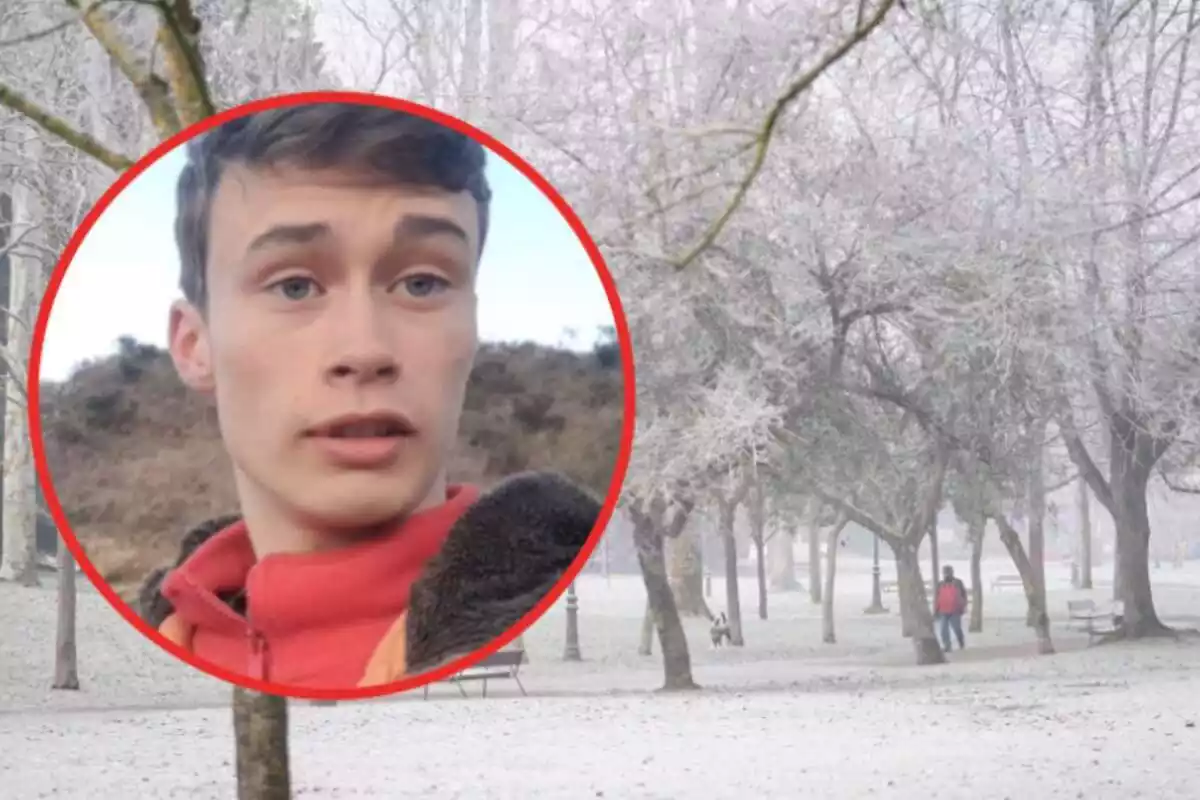 Montaje con Jorge Rey y un paisaje de árboles helados tras una fría noche