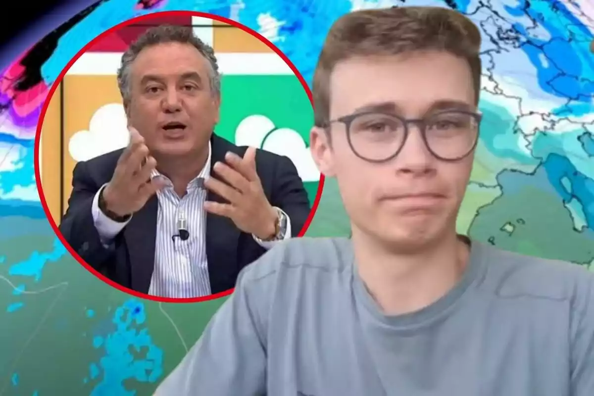 Un hombre con gafas y expresión seria aparece en primer plano, mientras que en un círculo rojo detrás de él se ve a otro hombre gesticulando en un programa de televisión con un fondo de nubes.