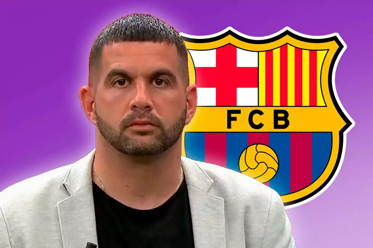 Man with beard and short hair in front of the FC Barcelona crest on a purple background.