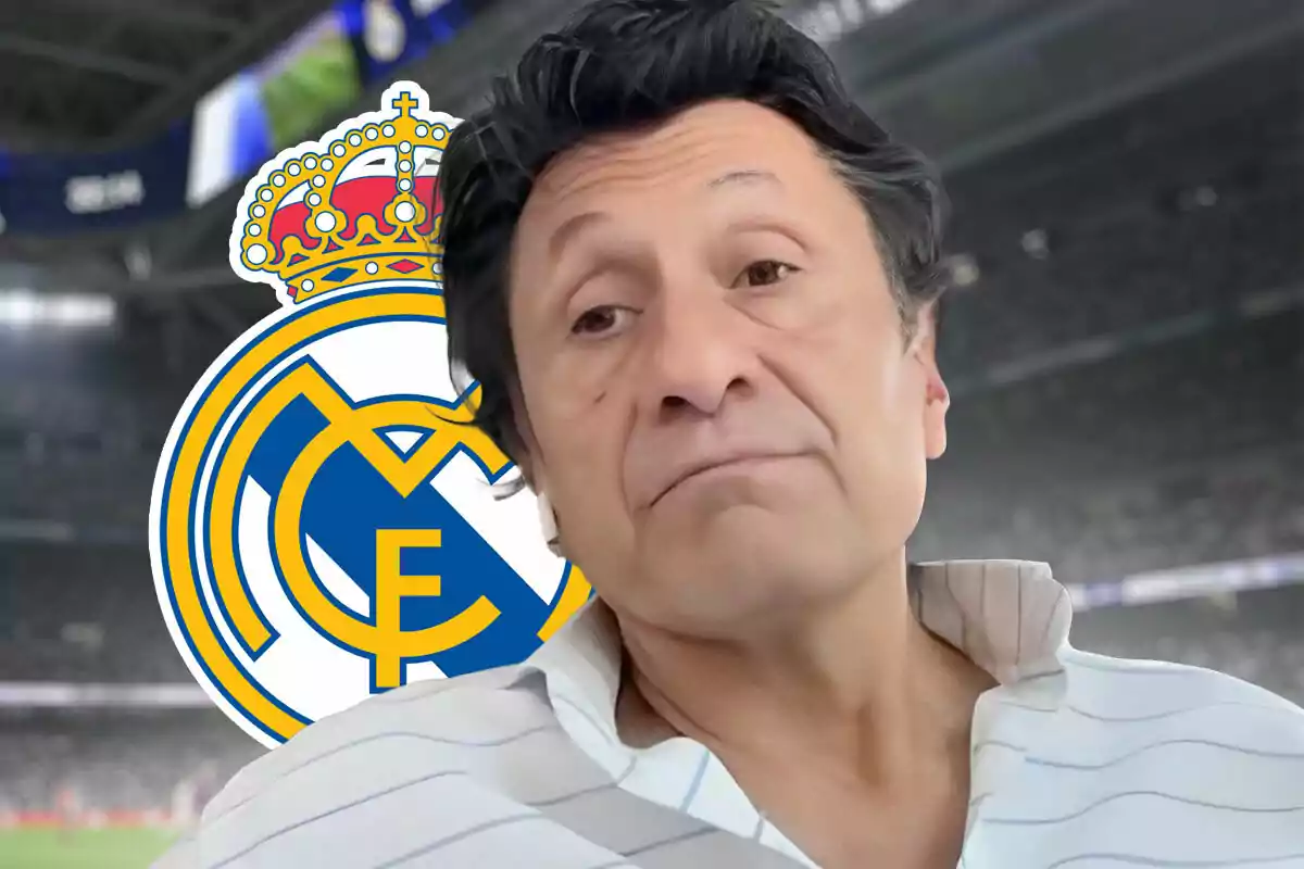 José Félix Díaz con una camiseta blanca y el logo del Real Madrid en el fondo.