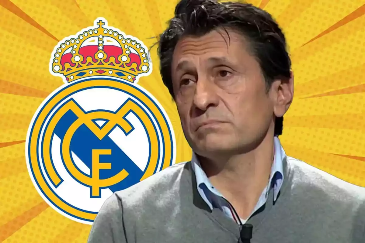 Hombre de cabello oscuro con expresión seria frente al escudo del Real Madrid sobre un fondo amarillo con rayos.