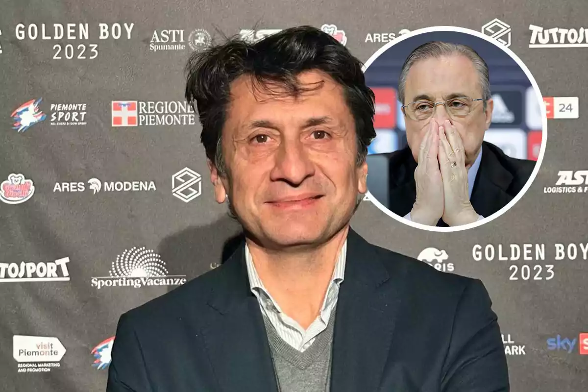 José Félix Díaz sonriente con un fondo de logotipos de patrocinadores del evento Golden Boy 2023 y un recuadro con la imagen de Florentino Pérez en la esquina superior derecha.