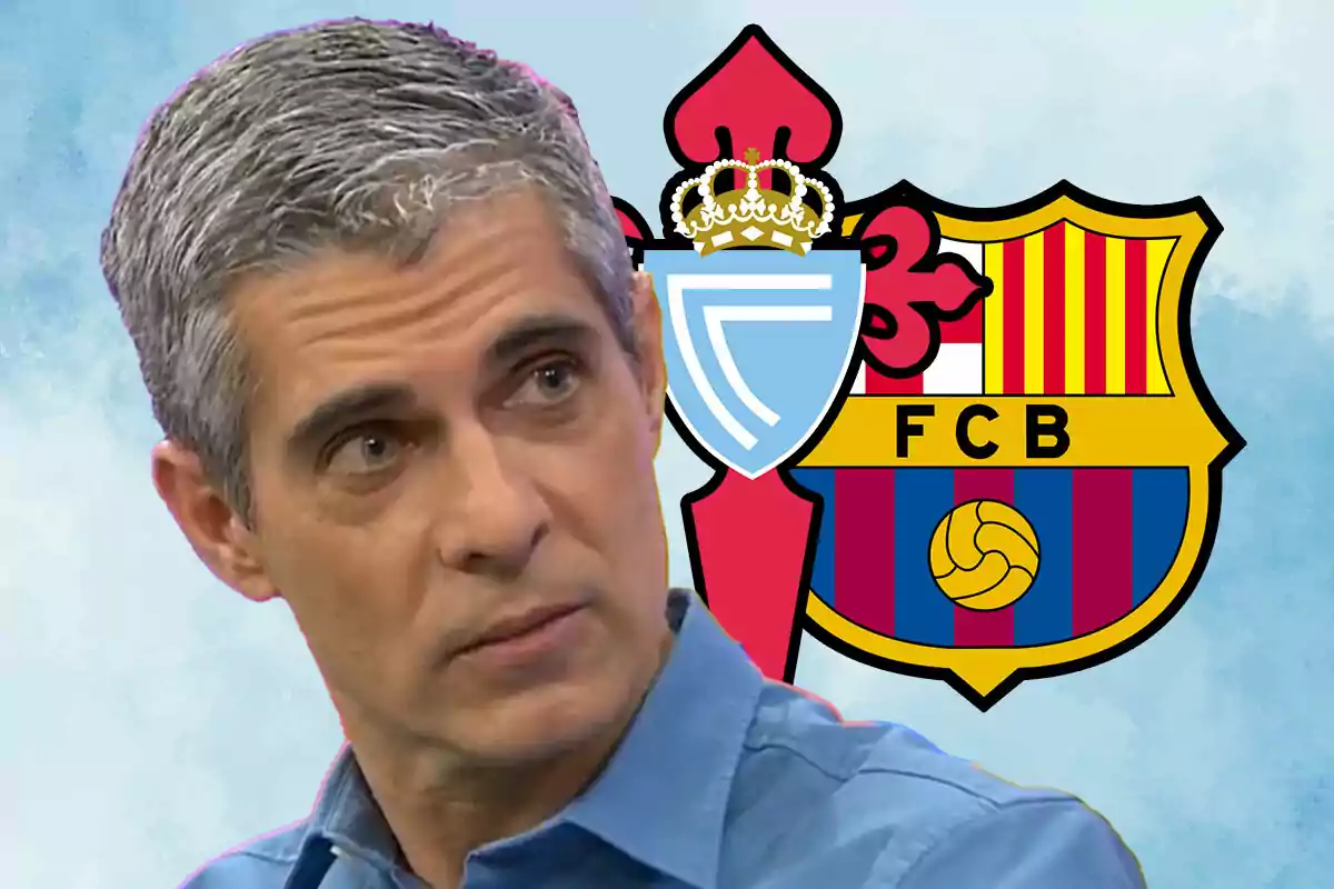 José Luis Sánchez con expresión seria frente a los escudos del Celta de Vigo y el FC Barcelona.