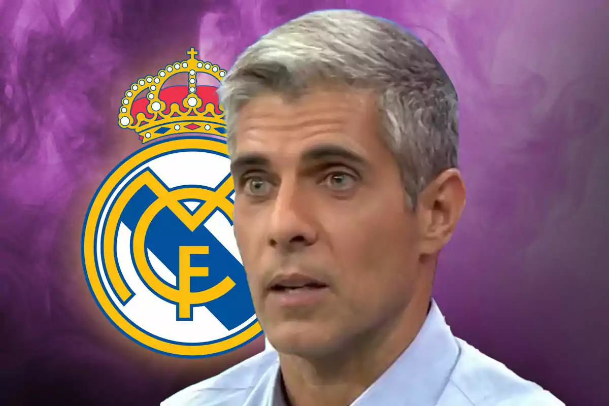 Hombre de cabello canoso con fondo morado y el escudo del Real Madrid.