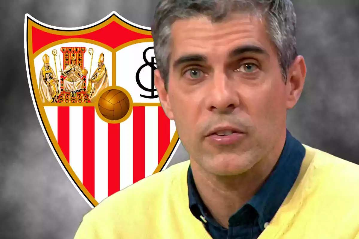 José Luis Sánchez in yellow sweater in front of Sevilla FC crest.