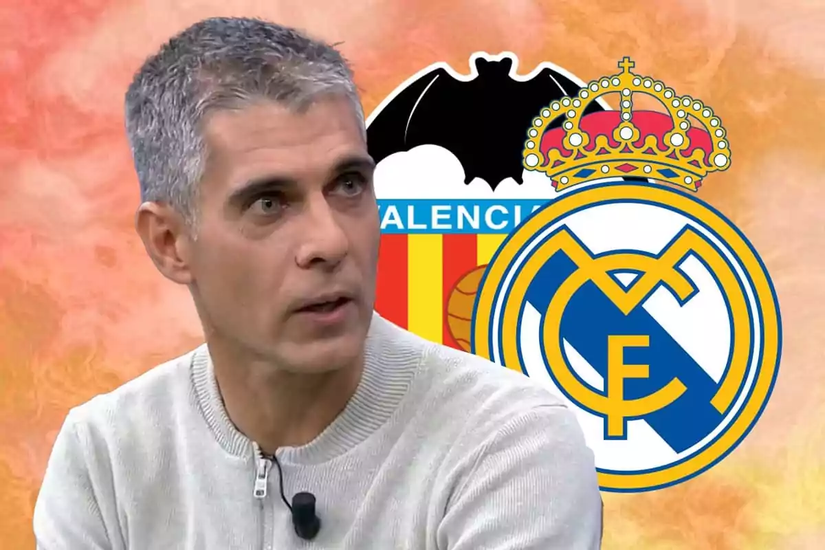 José Luis Sánchez with a light-coloured sweater in front of the Valencia CF and Real Madrid logos.