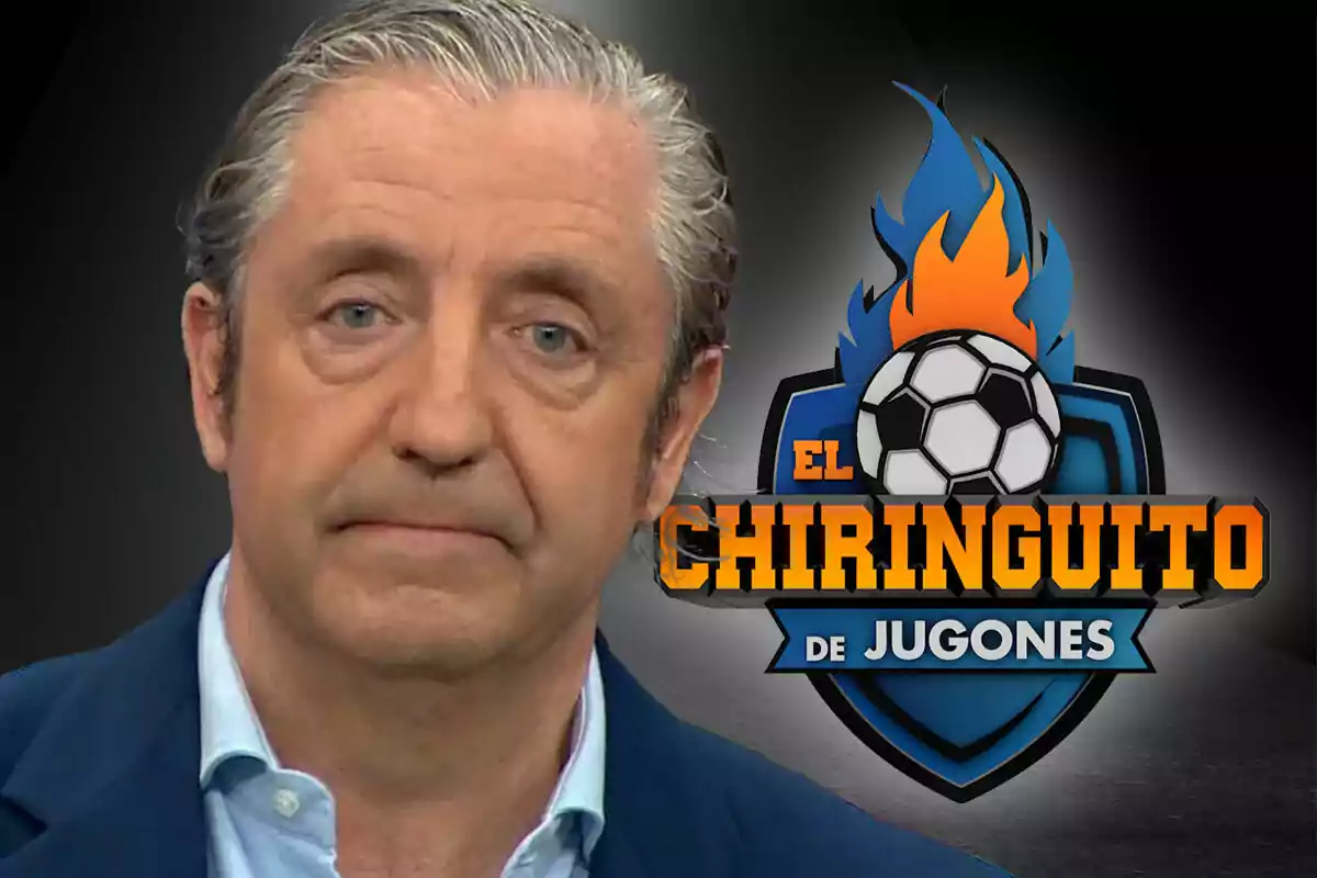 Hombre de cabello canoso con expresión seria frente al logo del programa El Chiringuito de Jugones