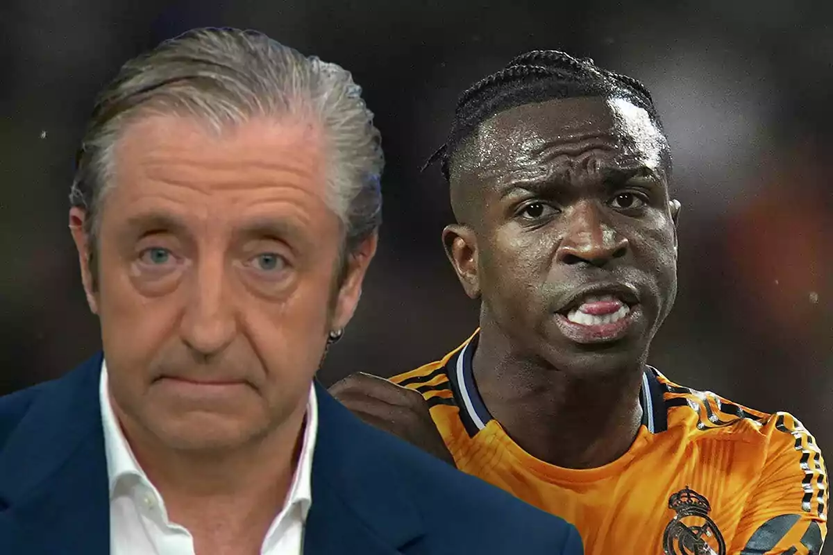 Josep Pedrerol y Vinícius Júnior en una imagen compuesta, uno con traje oscuro y el otro con uniforme deportivo naranja.