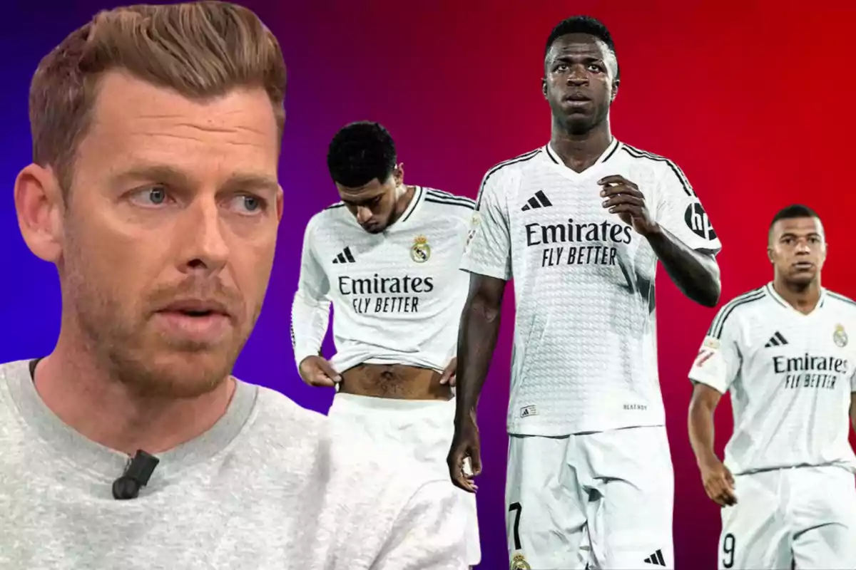 Un hombre con barba y cabello castaño claro aparece en primer plano mientras tres jugadores de fútbol con uniformes blancos del Real Madrid están en el fondo sobre un degradado de colores rojo y azul.