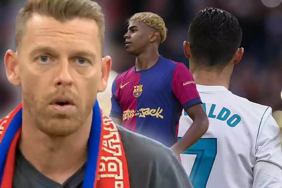 A man with a red and blue scarf, a player wearing a Barcelona jersey, and another player with his back turned wearing a white jersey.
