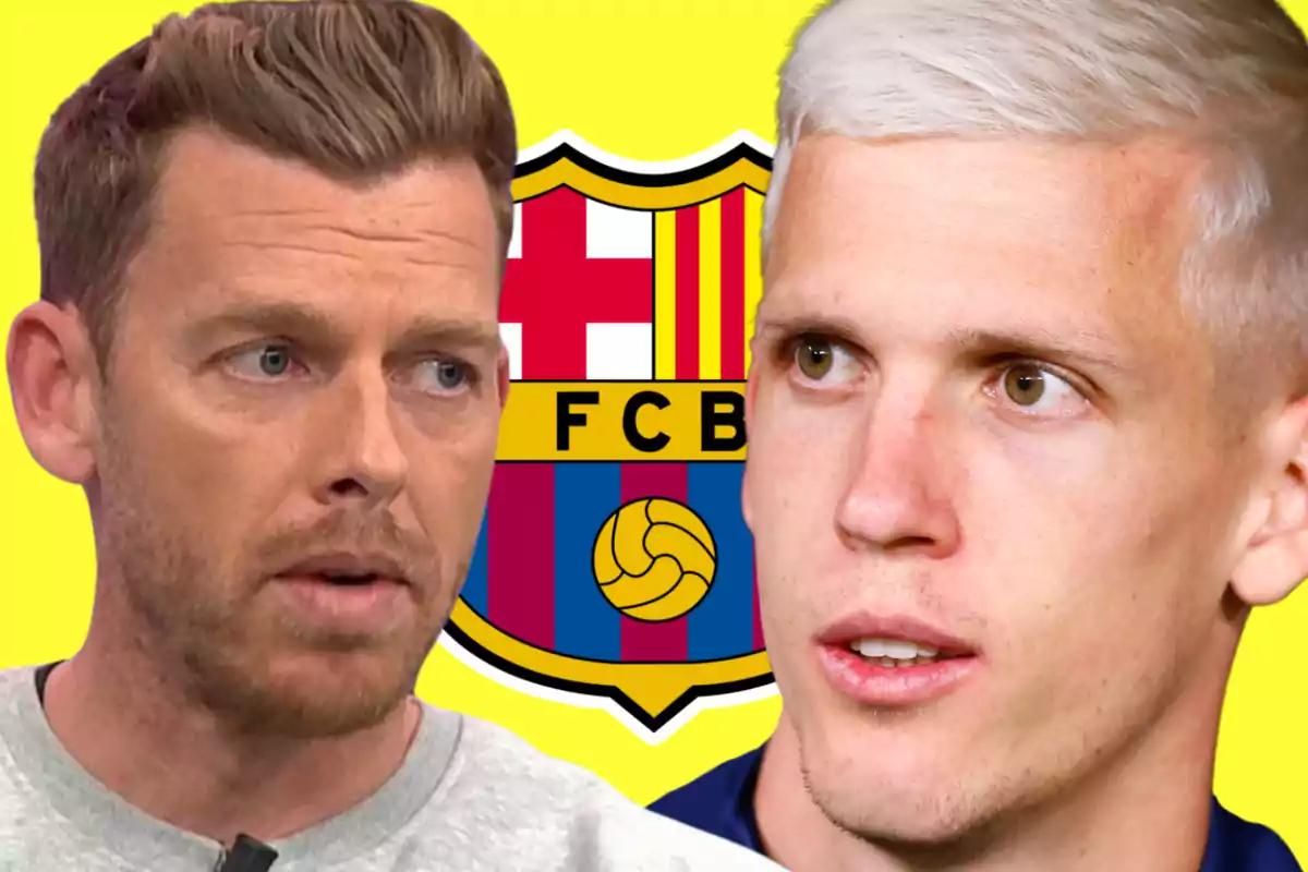 Two people in front of the FC Barcelona crest on a yellow background.