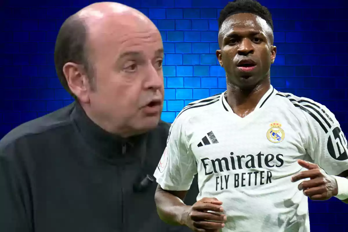 A man talking and a football player wearing a Real Madrid jersey on a blue background.