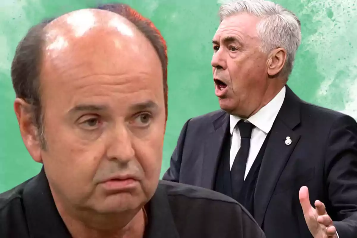 Two men in the foreground, one with a serious expression and the other gesturing, against a green background.