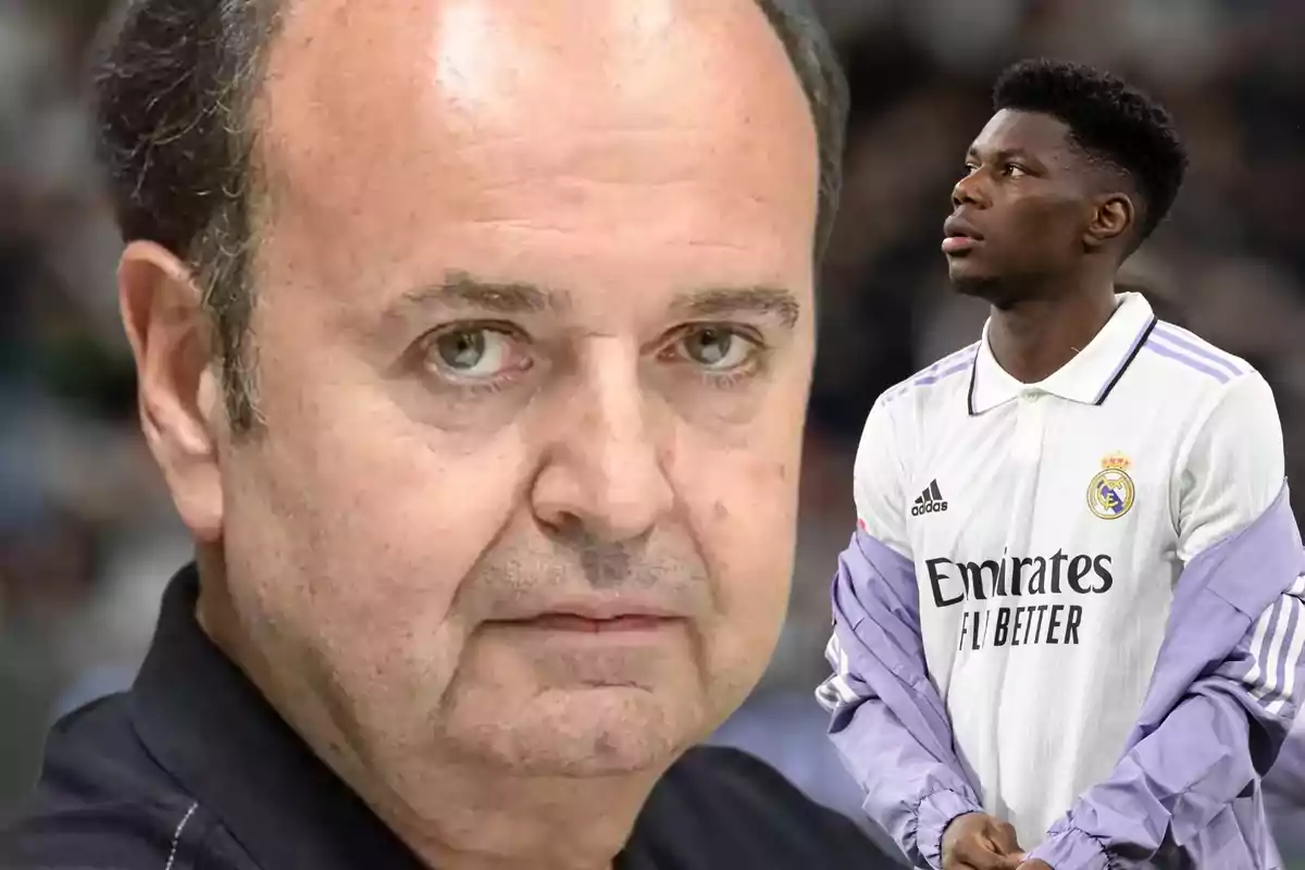 Un hombre de cabello oscuro y expresión seria en primer plano junto a un jugador de fútbol con uniforme blanco y chaqueta morada.