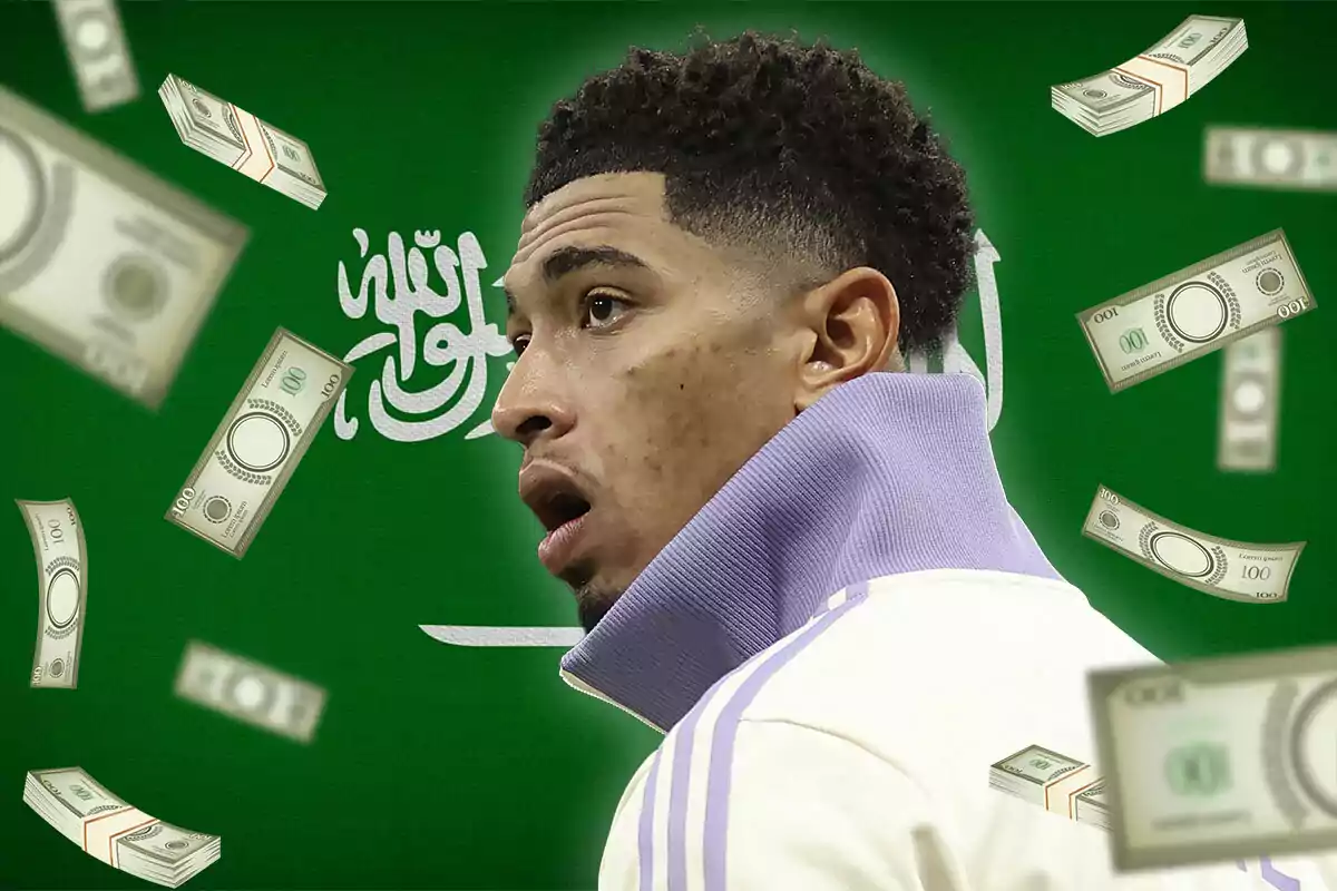 A man in a purple jacket appears on a green background with Arabic text and banknotes floating around.