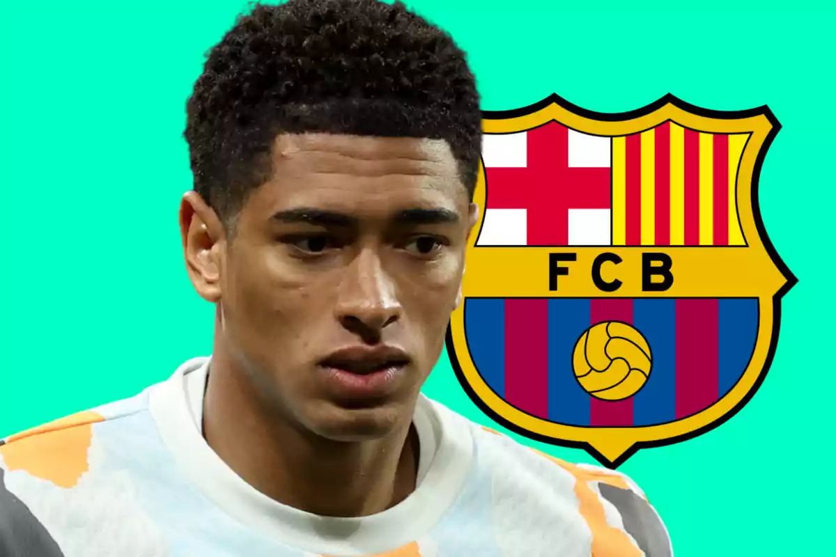 A player in a sports jersey appears in front of the FC Barcelona crest against a green background.
