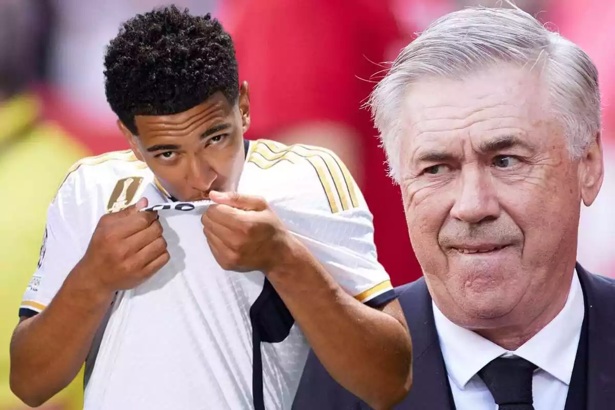 Montaje de Jude Bellingham besando el escudo y Ancelotti sonriendo