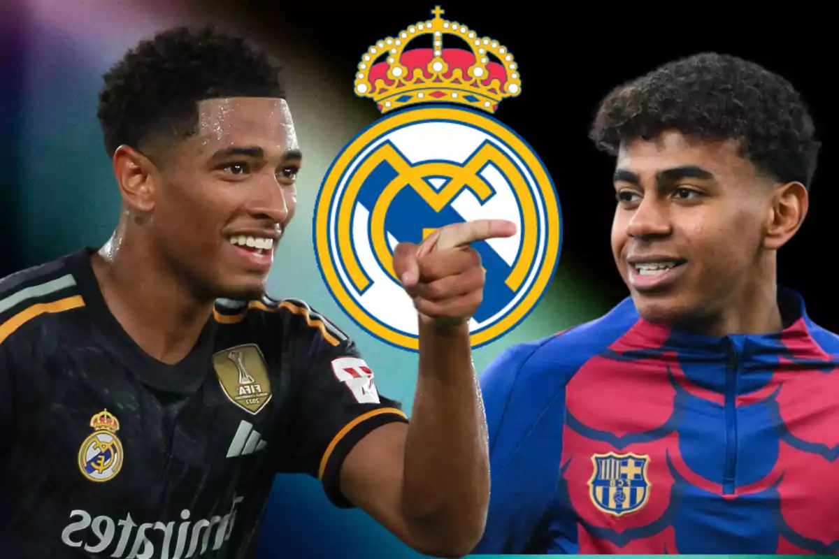 Two soccer players wearing Real Madrid and Barcelona jerseys, with the Real Madrid crest in the background.