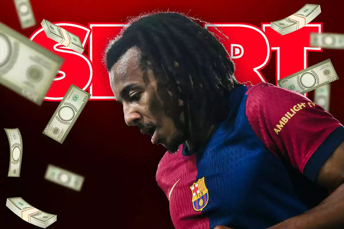 Un jugador de fútbol con la camiseta del FC Barcelona aparece en primer plano con billetes flotando alrededor y un fondo rojo con la palabra "SPORT".