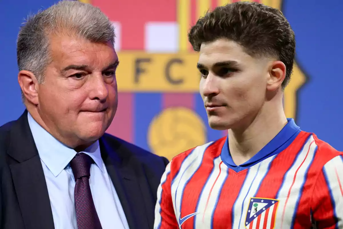 Two men standing, one in a suit and the other in a red and white striped soccer jersey, with a background showing a soccer crest.