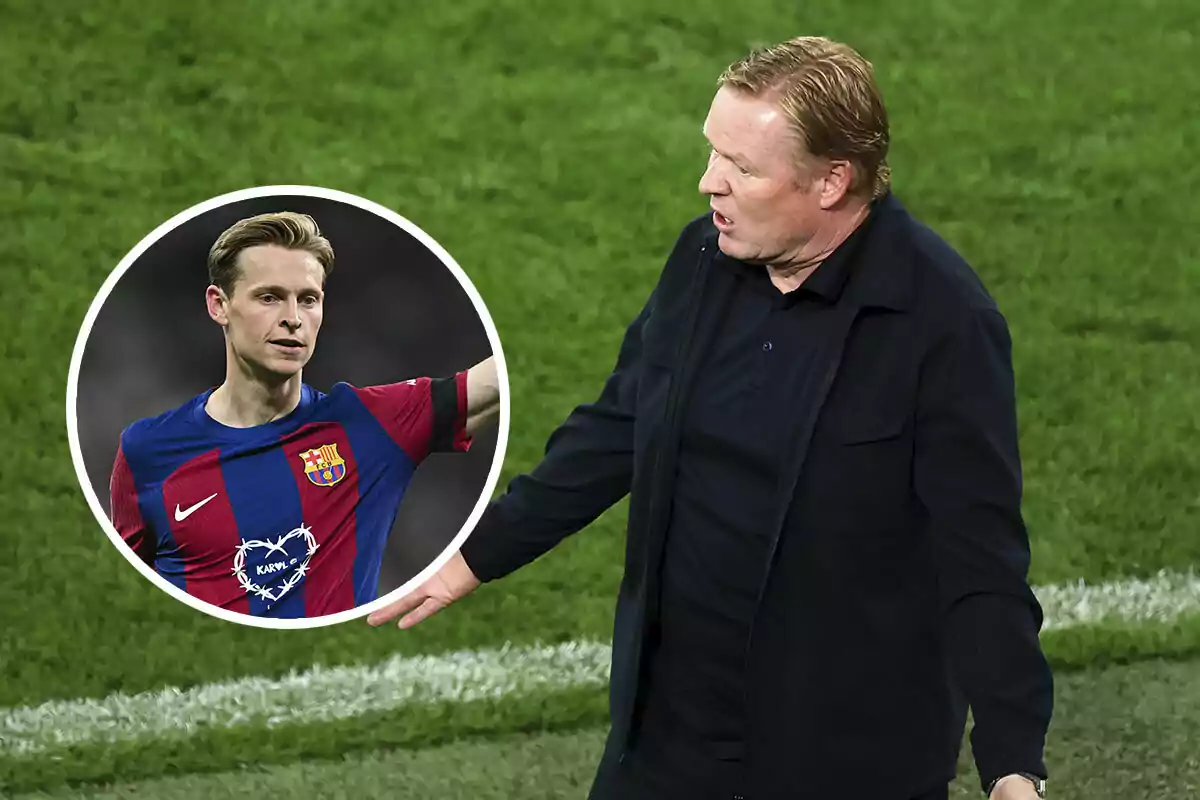 Ronald Koeman gesticulando en el campo con la imagen de Frenkie de Jong en un círculo superpuesto.