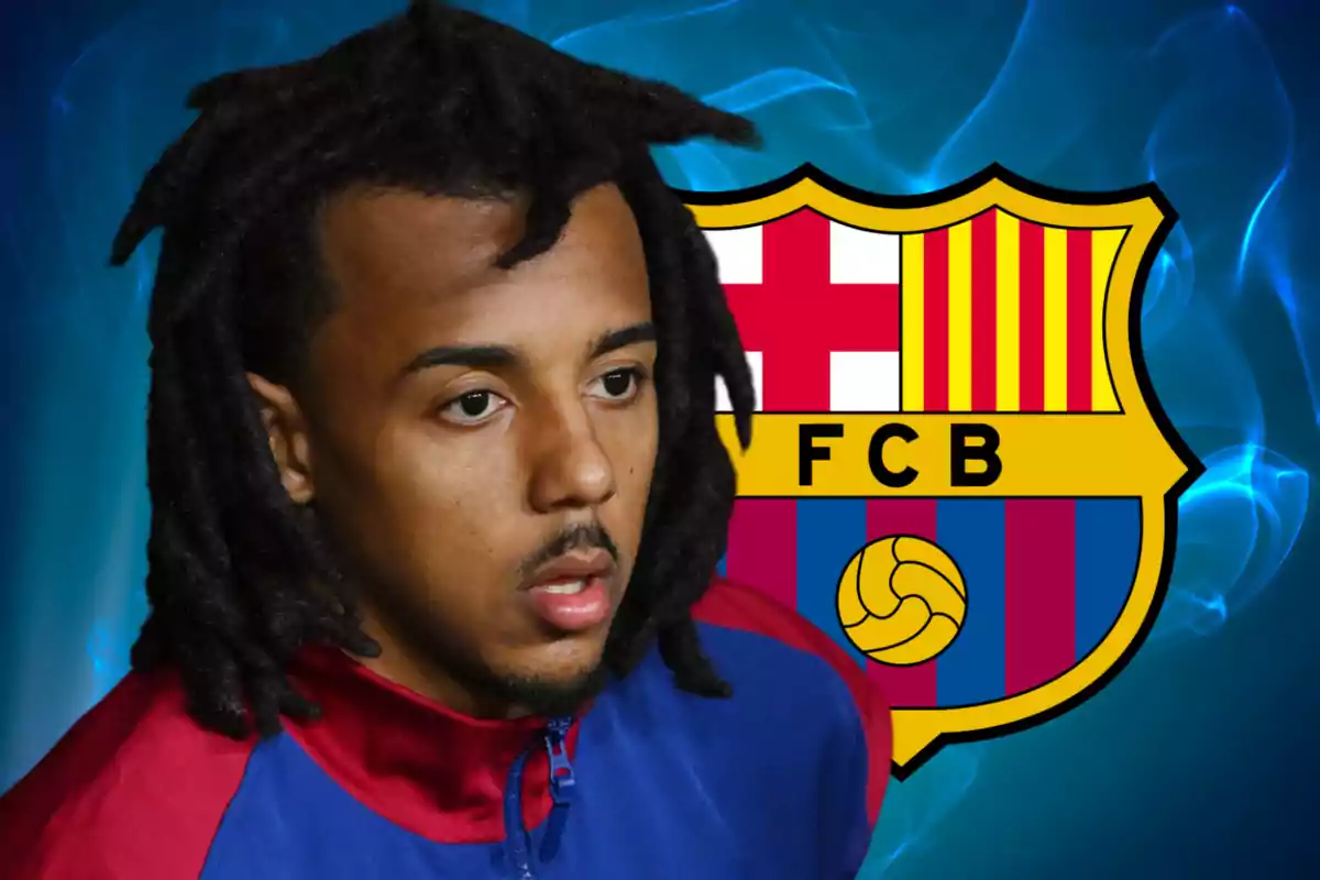 Un jugador de fútbol con rastas y chaqueta azul y roja frente al escudo del FC Barcelona sobre un fondo azul.