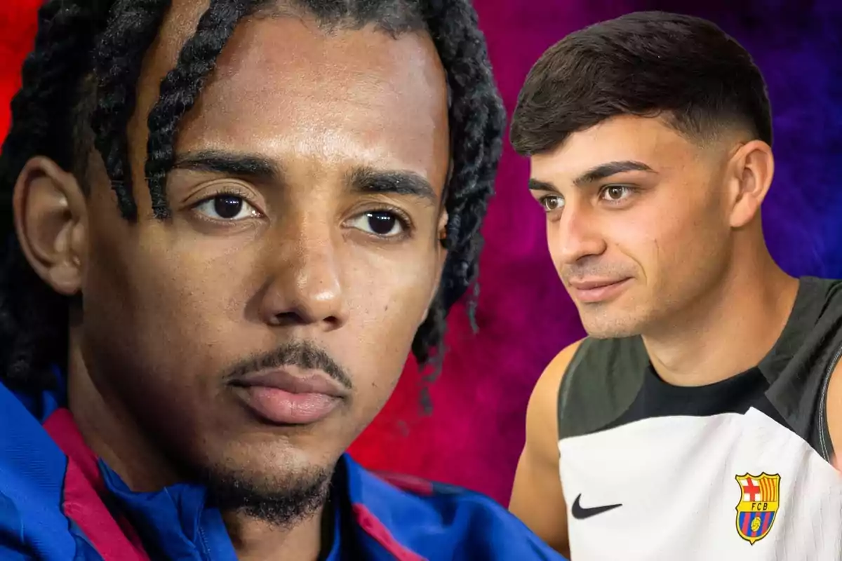 Dos jugadores de fútbol del FC Barcelona, uno con rastas y otro con cabello corto, posan frente a un fondo de colores rojo y azul.