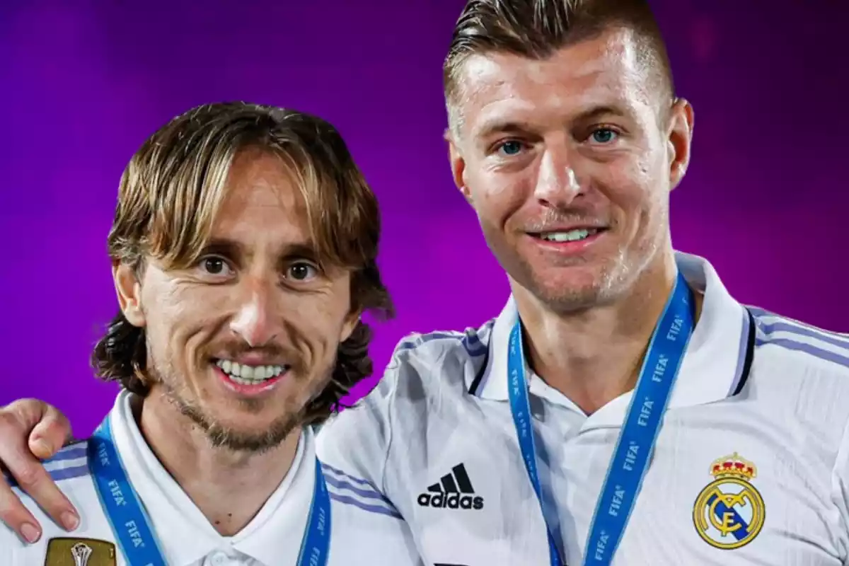 Toni Kroos hugs Luka Modric on a lilac background