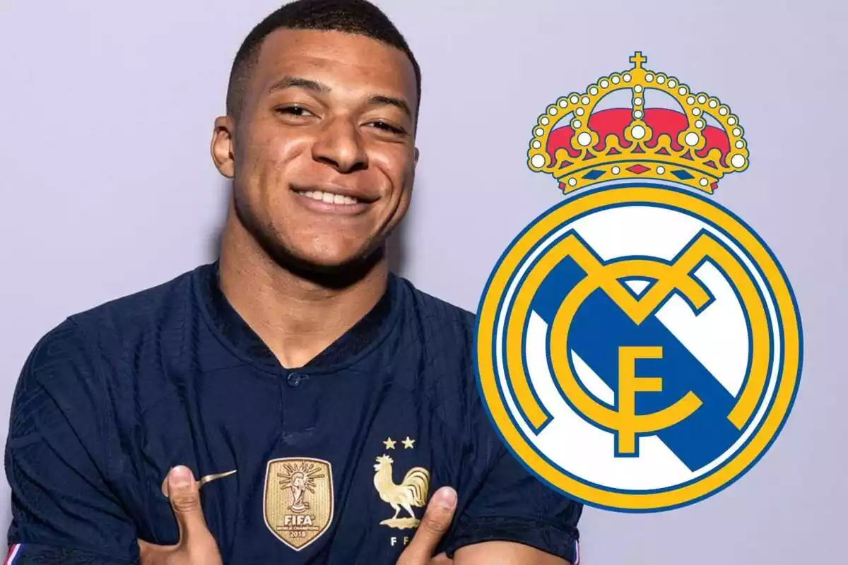 Kylian Mbappé al lado del escudo del Real Madrid Kylian Mbappé al lado del escudo del Real Madrid