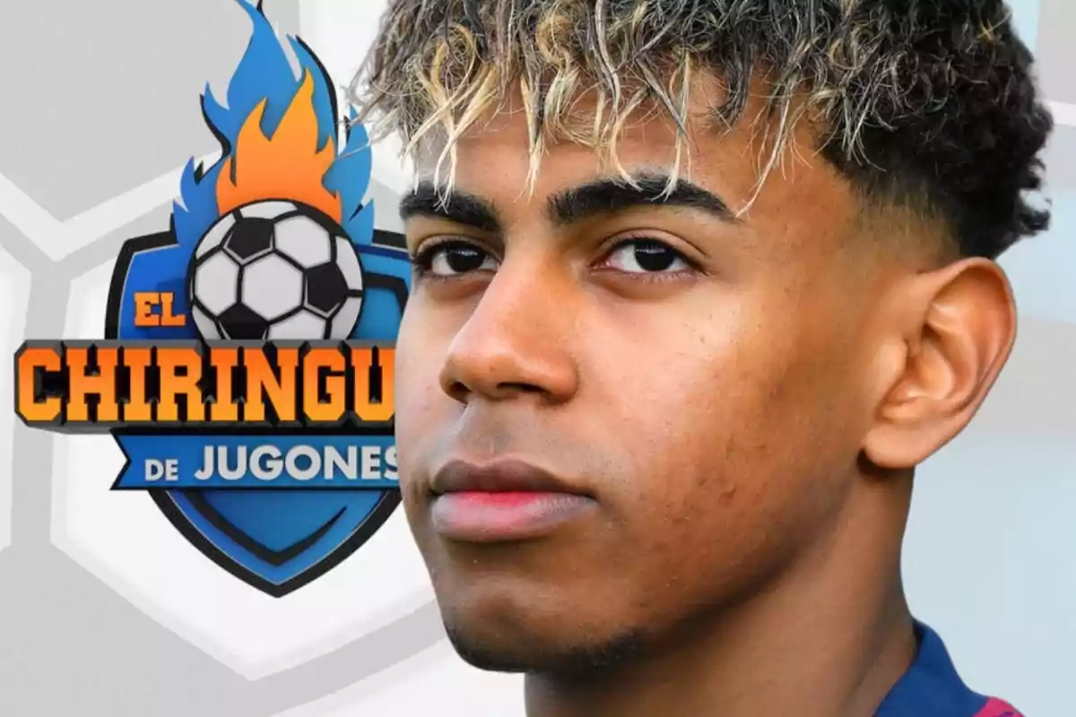 A young man with curly hair and blonde highlights looks forward with a serious expression, while in the background there is a logo with a soccer ball and flames.