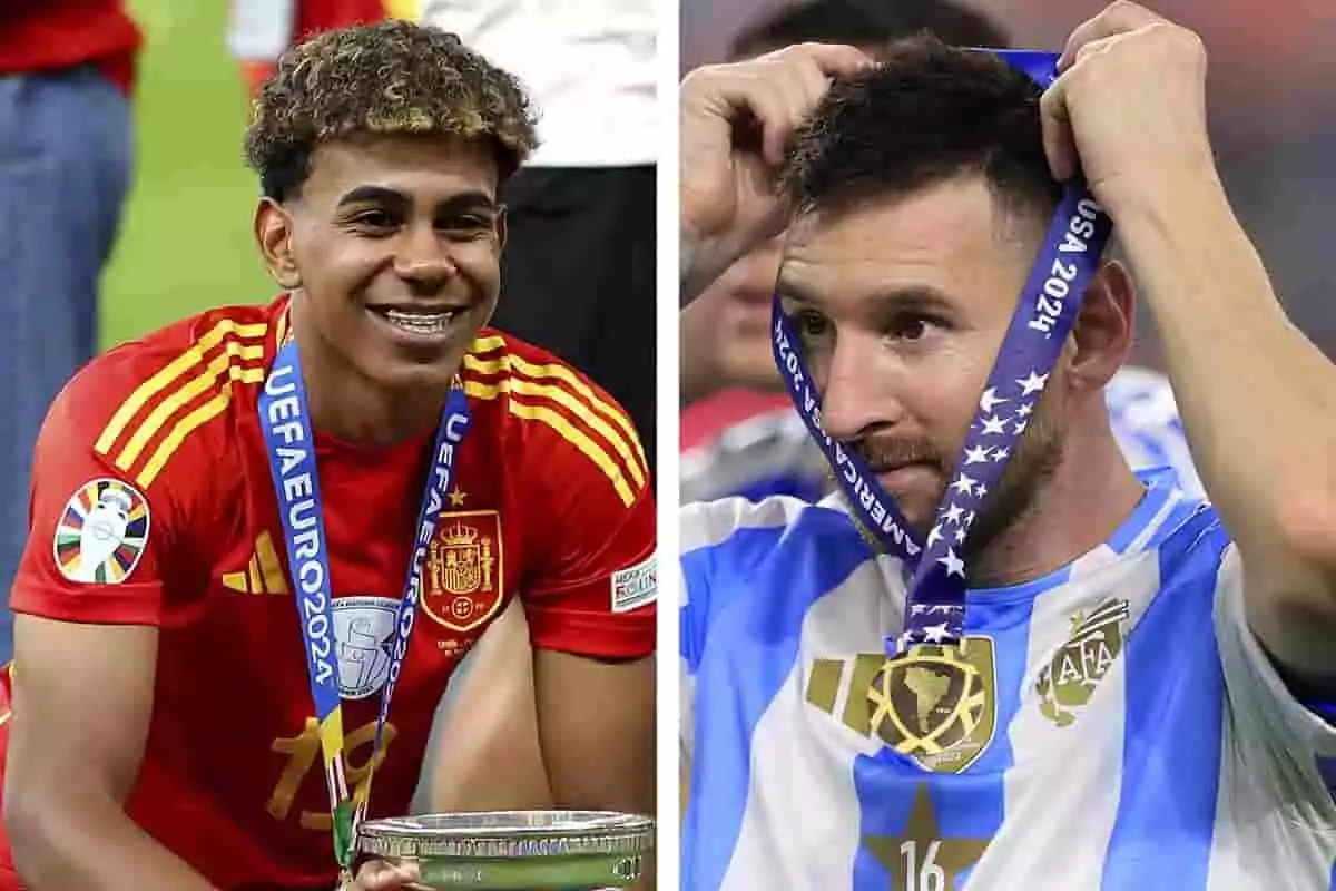 Lamine Yamal y Leo Messi celebrando con medallas de campeonatos, uno con la camiseta de España y otro con la de Argentina.