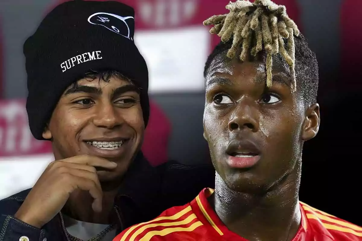 Dos jóvenes en una imagen, Lamine Yamal con gorro negro y brackets sonriendo, Nico Williams con camiseta deportiva roja y peinado con rastas claras.