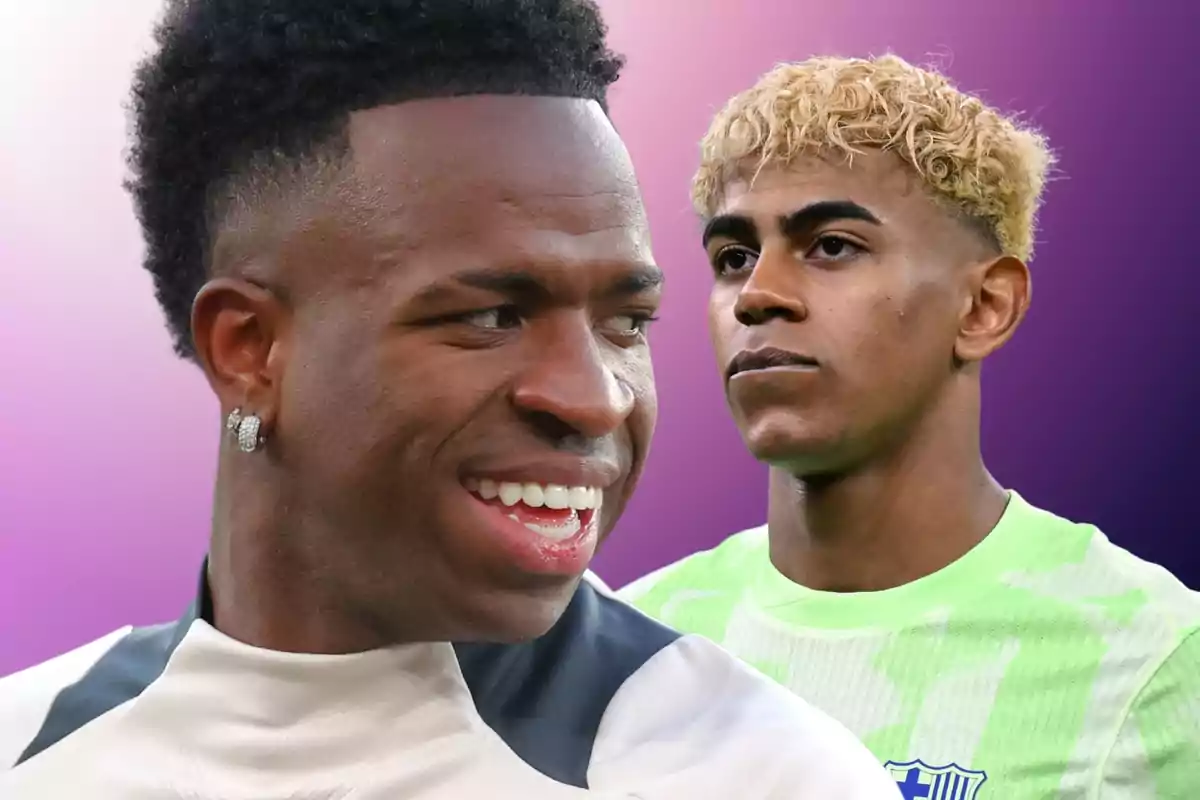 Two people with different expressions on a purple gradient background.