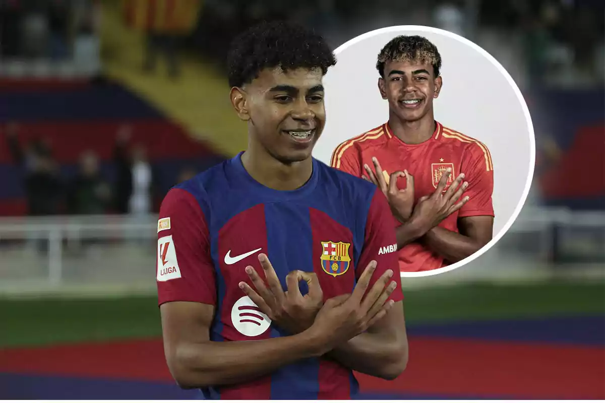 Lamine Yamal con la camiseta del FC Barcelona hace un gesto con las manos, mientras que en el fondo se ve una imagen de él con la camiseta de la selección española haciendo el mismo gesto.